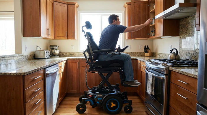 Elektrorollstuhl mit hochgefahrenem Sitz vor einem Küchenschrank