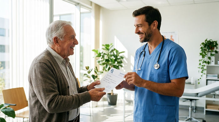 Freundlicher Arzt überreicht einem lächelnden Senior ein Rezept in einer hellen Praxis