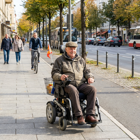Senior im Elektrorollstuhl fährt sicher auf einem breiten Gehweg neben einer Straße