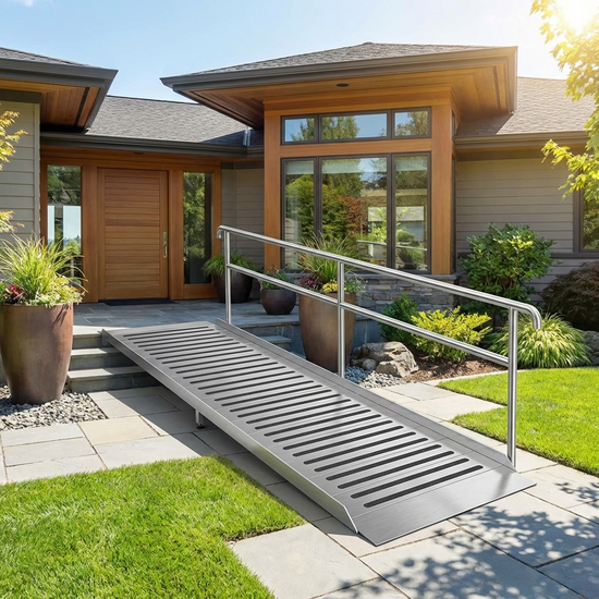 Moderne, flache Metallrampe vor der Eingangstür eines gepflegten Einfamilienhauses