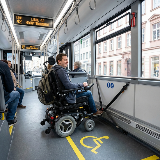 Elektrorollstuhl steht sicher auf dem ausgewiesenen Rollstuhlplatz in einem modernen Linienbus