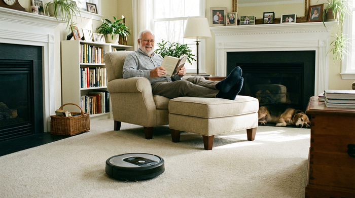 Freundlicher älterer Herr sitzt entspannt lesend auf einem Sessel im Wohnzimmer, während ein flacher Saugroboter den hellen Teppichboden reinigt