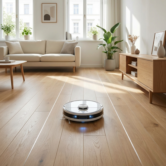 Moderner Saugroboter reinigt systematisch einen hellen Holzboden in einem aufgeräumten Wohnzimmer