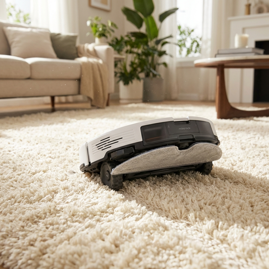 Saugroboter fährt mit angehobenem Wischpad über einen weichen Teppich