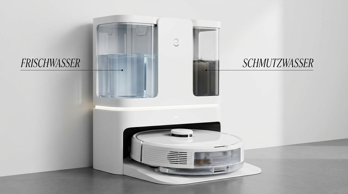 Große, moderne Absaugstation eines Saugroboters in weißem Design mit zwei sichtbaren Wasserbehältern für Frischwasser und Schmutzwasser