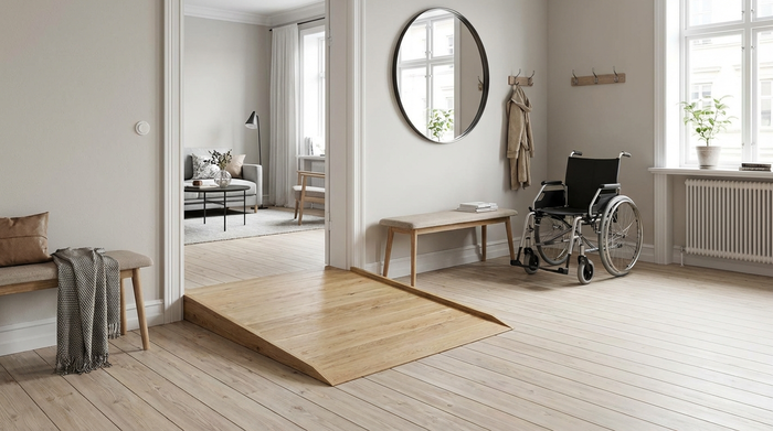 Aufgeräumter, barrierefreier Flur mit hellem Bodenbelag und einer flachen Rampe an der Türschwelle