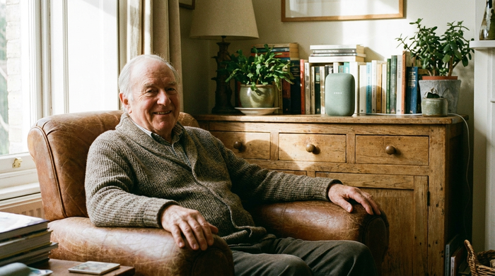 Älterer Herr sitzt entspannt im Sessel und lächelt, im Hintergrund steht ein unauffälliger smarter Lautsprecher auf einem Holz-Sideboard