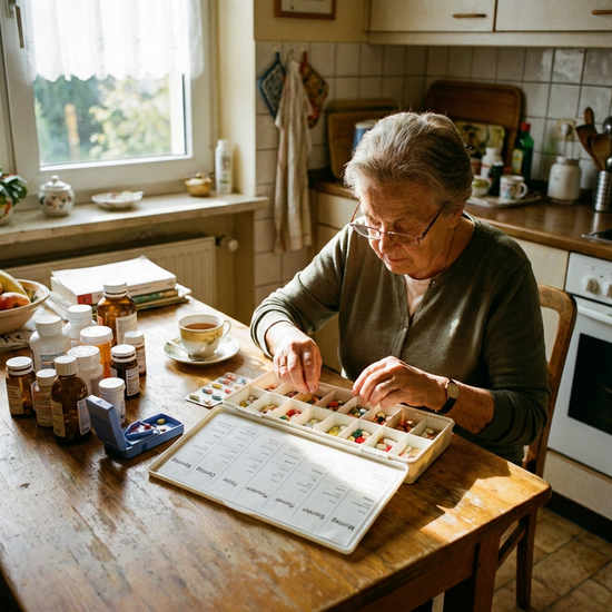 Pflegerin sortiert Tabletten sorgfältig in eine Medikamentenbox auf dem Küchentisch