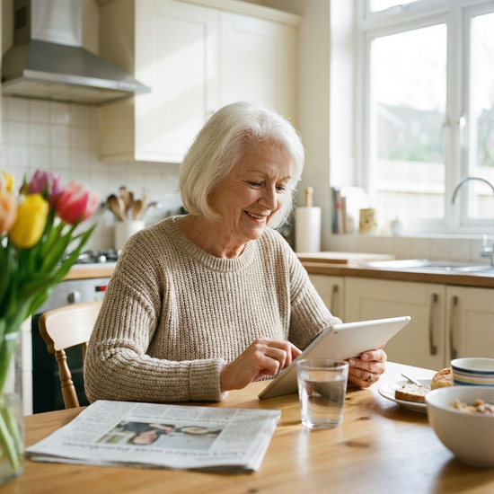 Seniorin nimmt ein Glas Wasser und eine Tablette ein, sie wirkt dabei entspannt