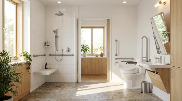 Helles, barrierefreies Badezimmer mit Haltegriffen und ebenerdiger Dusche