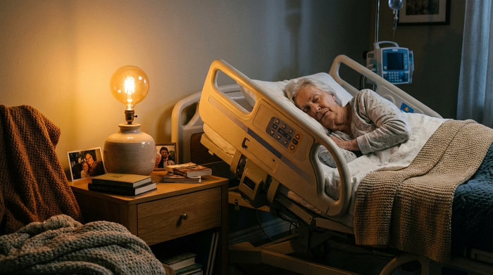 Smarte Glühbirne leuchtet warm in einer Nachttischlampe neben einem Pflegebett