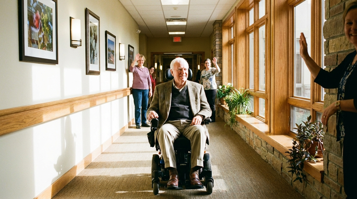 Senior im Rollstuhl fährt entspannt durch einen gut beleuchteten Flur