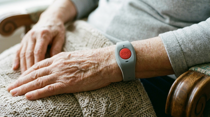 Hausnotruf-Armband mit rotem Knopf am Handgelenk einer älteren Person