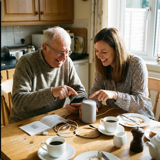 Tochter und älterer Vater sitzen gemeinsam am Esstisch und richten freudig einen kleinen Lautsprecher ein