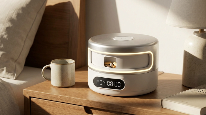 Nahaufnahme eines modernen elektronischen Karussell-Tablettenspenders mit leuchtendem LED-Ring auf einem Nachttisch