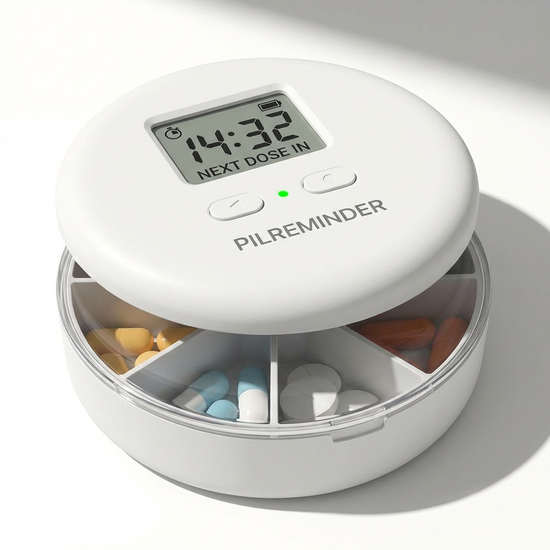 Einfache Pillendose mit digitalem Timer-Display auf dem Deckel