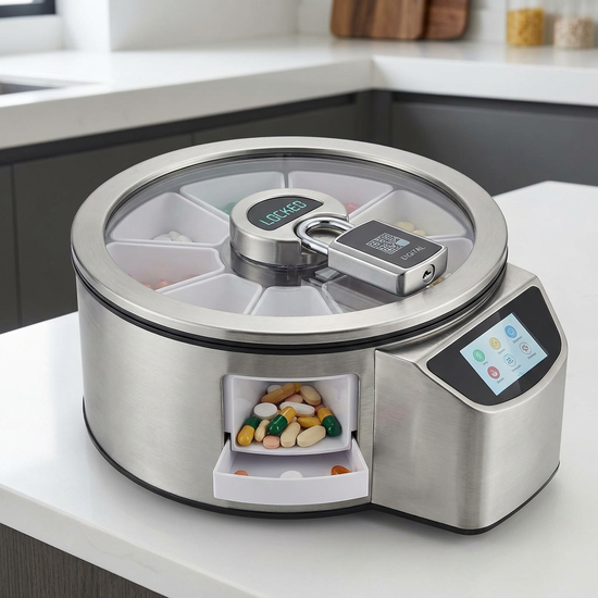 Runder automatischer Karussell-Spender mit verriegeltem Deckel und einem offenen Fach