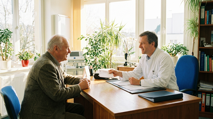 Älterer Herr im Gespräch mit seinem Arzt in einer hellen Praxis, der Arzt reicht ihm ein Rezept über den Schreibtisch