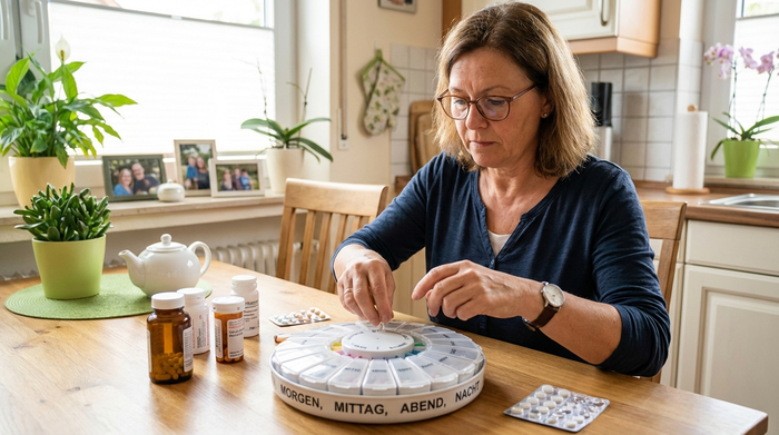 Pflegende Angehörige sortiert konzentriert Tabletten in die Fächer eines runden Spenders