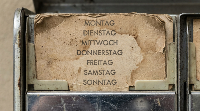 Nahaufnahme der eingelegten Papp-Schablone mit aufgedruckten Wochentagen im Spender