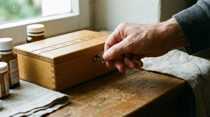 Hand verschließt den Deckel des Tablettenspenders mit einem kleinen Metallschlüssel