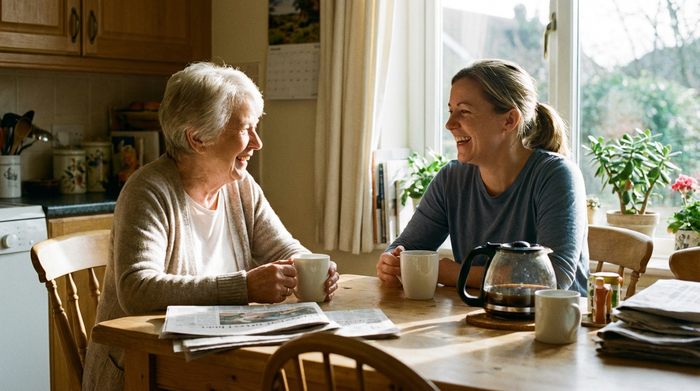Pflegekraft und Seniorin sitzen entspannt zusammen am Küchentisch und trinken Kaffee