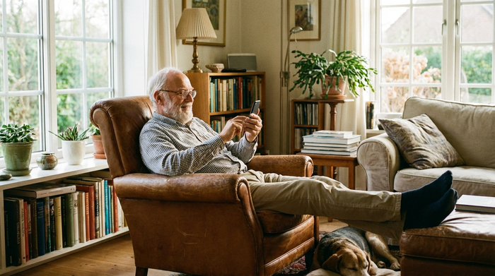 Ein älterer Herr sitzt entspannt im Sessel und hält ein Smartphone in der Hand, helle und freundliche Wohnzimmeratmosphäre