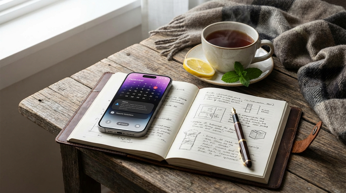 Ein modernes Smartphone liegt neben einer Tasse Tee auf einem aufgeschlagenen Notizbuch