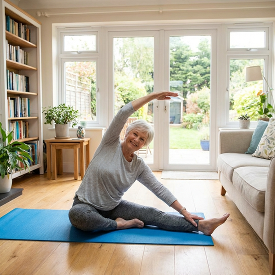 Seniorin macht leichte gymnastische Übungen auf einer Matte im Wohnzimmer