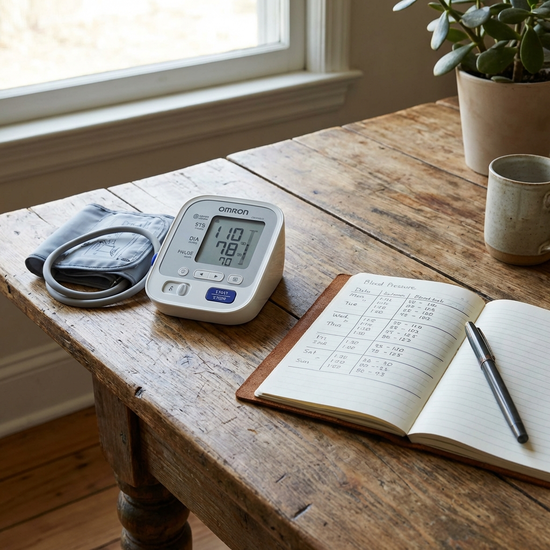 Blutdruckmessgerät und Notizbuch liegen geordnet auf einem Holztisch