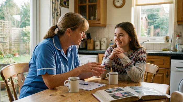 Pflegekraft bespricht sich mit einer pflegenden Tochter bei einer Tasse Kaffee am Tisch