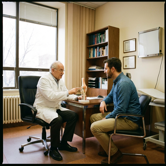 Ein Arzt im weißen Kittel erklärt einem Patienten geduldig etwas in der Praxis