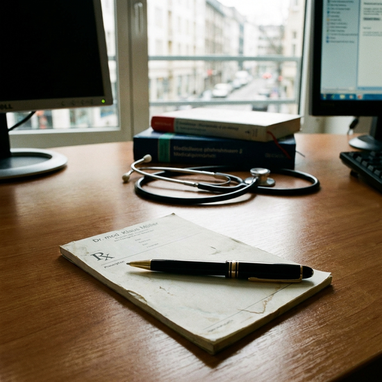Ein Rezeptblock und ein Stift liegen bereit auf dem Schreibtisch des Arztes