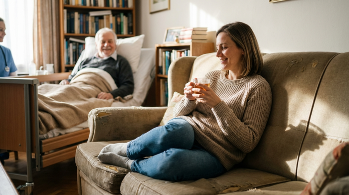 Eine entspannte Tochter sitzt mit einer Tasse Tee auf dem Sofa, im Hintergrund sieht man verschwommen den zufriedenen pflegebedürftigen Vater