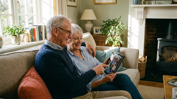 Ein älteres Ehepaar betrachtet gemeinsam ein Tablet im Wohnzimmer