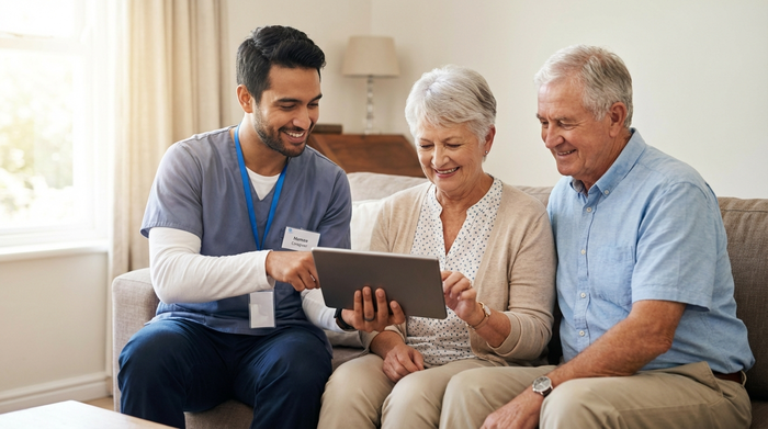 Eine professionelle Pflegekraft unterstützt das Ehepaar bei der Bedienung des Tablets