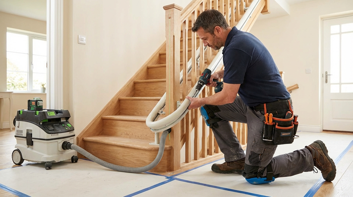 Handwerker bei der sauberen Montage einer Treppenliftschiene