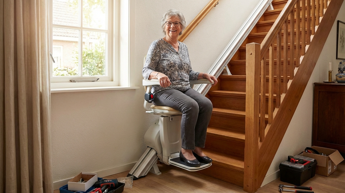 Seniorin fährt lächelnd und sicher auf ihrem frisch installierten Sitzlift