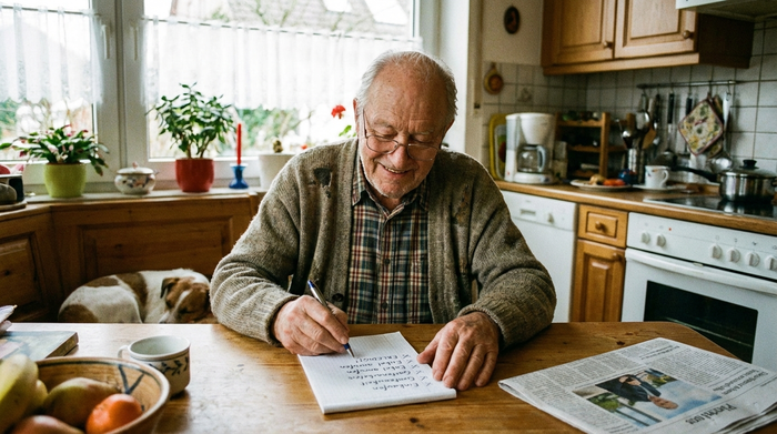 Älterer Herr sitzt mit Brille am Küchentisch und hakt Punkte auf einem Notizblock ab