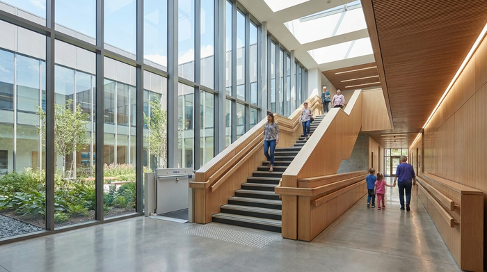 Modernes, barrierefreies Treppenhaus mit viel Tageslicht und stabilem Handlauf