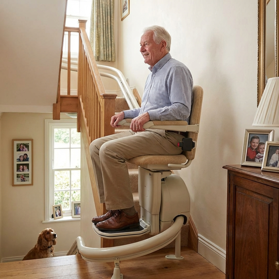 Bequemer Sitzlift mit Armlehnen und Fußstütze in Fahrposition