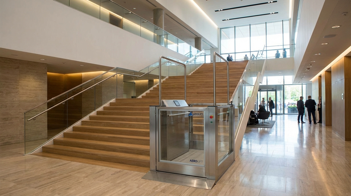 Geräumiger Plattformlift mit hochgeklappten Sicherheitsbügeln auf einer breiten Treppe im Innenbereich