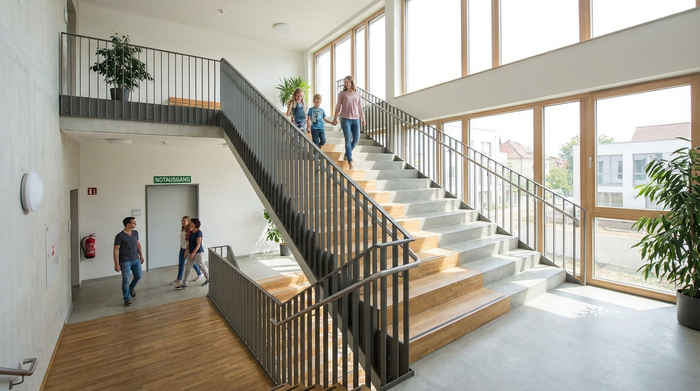 Breites Treppenhaus in einem Mehrfamilienhaus mit ausreichend Platz für einen Fluchtweg