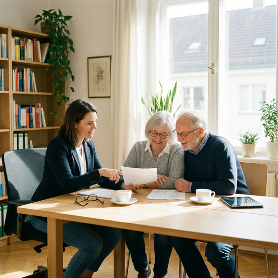 Beraterin und Senioren-Ehepaar betrachten gemeinsam Dokumente an einem hellen Holztisch