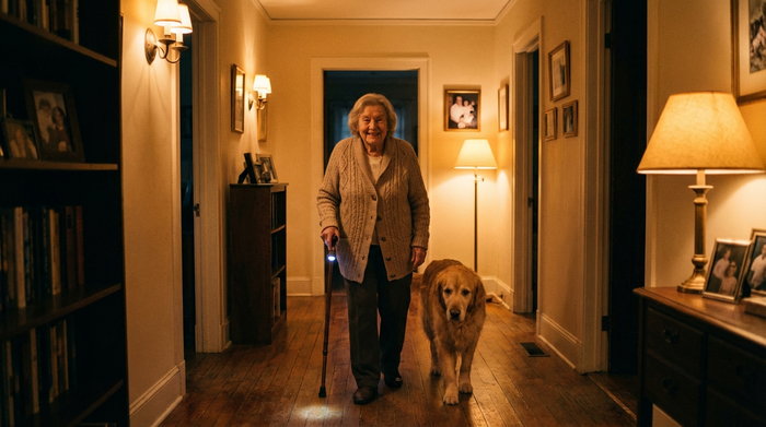 Seniorin geht nachts sicher durch einen sanft beleuchteten Flur