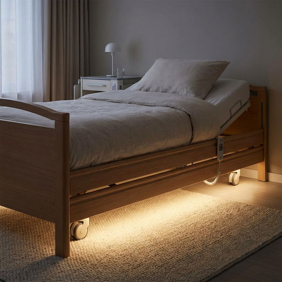 Sanftes warmweißes LED-Licht unter einem Pflegebett