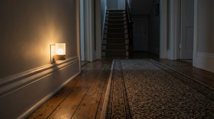 Bodennahes Nachtlicht in einer Steckdose im Flur