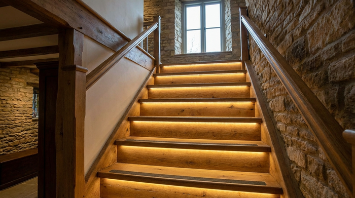 Sichere Stufenbeleuchtung an einer Holztreppe
