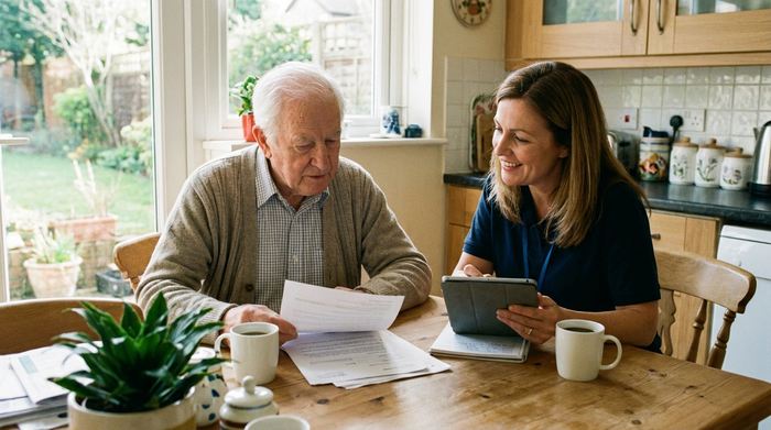 Beratungsgespräch zwischen Senior und Pflegeexperte am Küchentisch