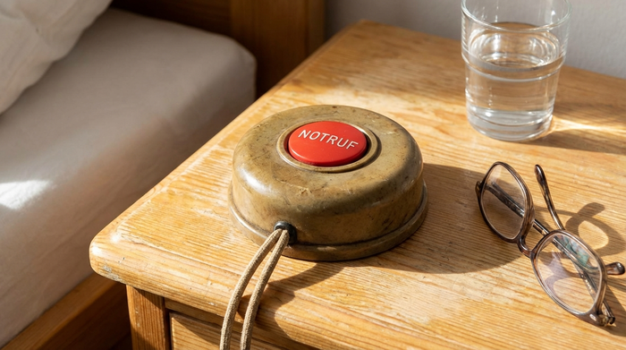 Ein klassischer Hausnotruf-Sender mit rotem Knopf liegt griffbereit auf einem hellen Holznachttisch neben einem Glas Wasser.